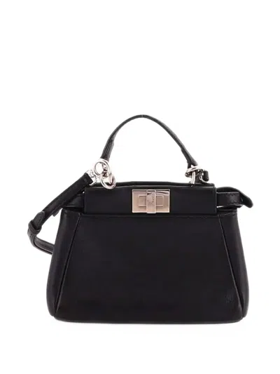 Pre-owned Fendi Peekaboo Bag Floral Embellished Leather Micro Satchel In Black