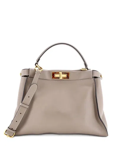 Pre-owned Fendi Peekaboo Bag Leather With Plexiglass Detail Regular Satchel In Gray