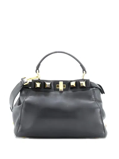 Pre-owned Fendi Peekaboo Bag Leather With Studded Detail Mini Satchel In Black