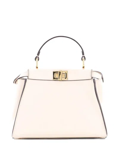 Pre-owned Fendi Peekaboo Bag Leather With Zucca Suede Interior Mini Satchel In Neutral