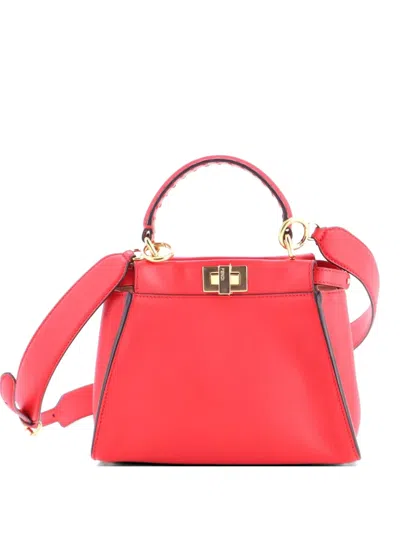 Pre-owned Fendi Peekaboo Bag Leather With Zucca Suede Interior Mini Satchel In Red