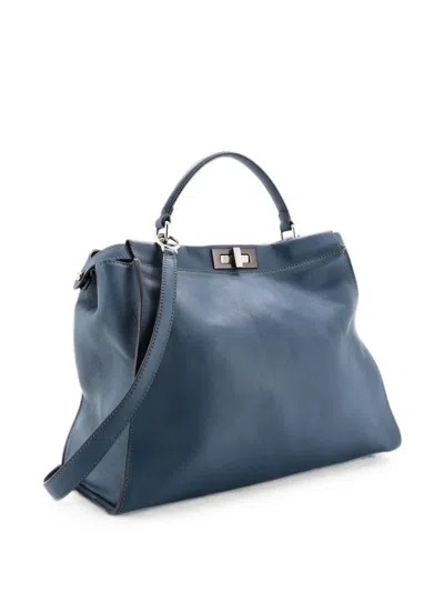 Pre-owned Fendi Peekaboo Bag Rigid Leather Large Satchel In Blue