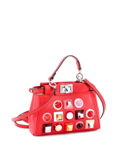 Pre-owned Fendi Peekaboo Bag Studded Leather Micro Shoulder Bag In Red