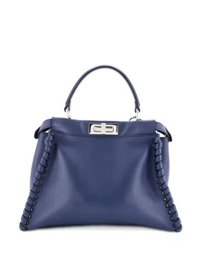 Pre-owned Fendi Peekaboo Bag Whipstitch Leather Regular Tote Bag In Blue