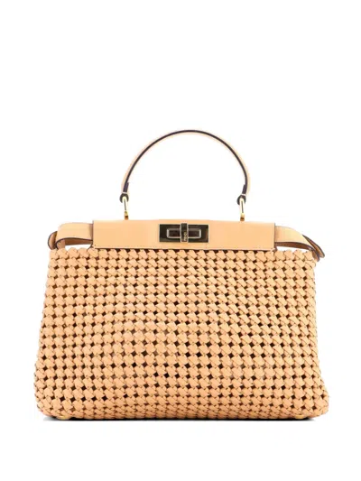 Pre-owned Fendi Peekaboo Bag Woven Nappa Leather Regular Satchel In Brown