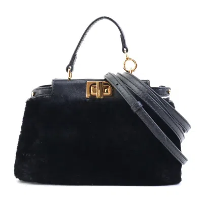 Pre-owned Fendi Peekaboo Black Fur Leather Handbag Shoulder Bag ()