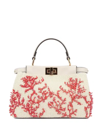 Fendi Peekaboo Coral Embellished Top Handle Mini Bag In Neutral