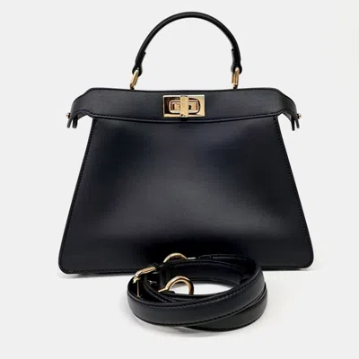 Pre-owned Fendi Peekaboo I See U Black Leather Small Top Handle Bag (8bn327)