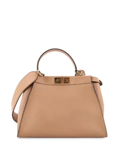 Pre-owned Fendi Peekaboo Iconic Bag Leather With Pequin Canvas Interior Regular Tote Bag In Neutrals