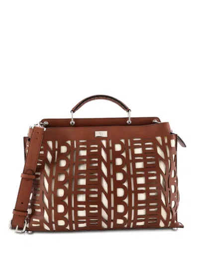 Pre-owned Fendi Peekaboo Iconic Essential Bag Laser Cut Leather And Canvas Large Satchel In Brown