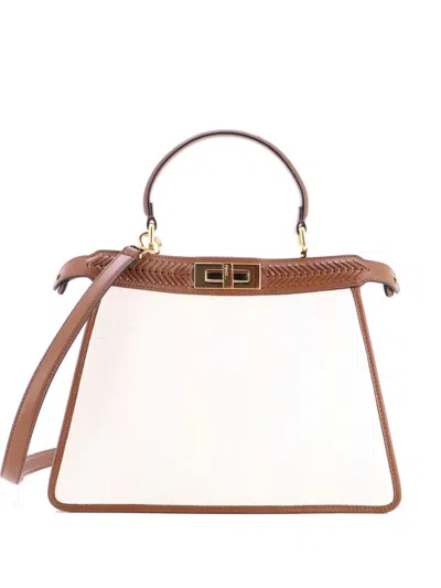 Pre-owned Fendi Peekaboo Iseeu Bag Pequin Canvas With Whipstitch Leather Medium Satchel In Brown