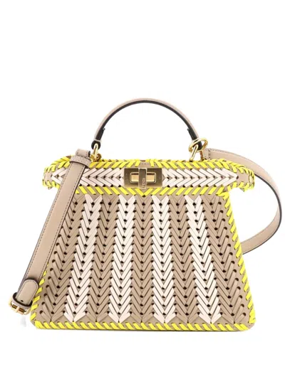 Pre-owned Fendi Peekaboo Iseeu Bag Woven Leather Small Satchel In Neutral