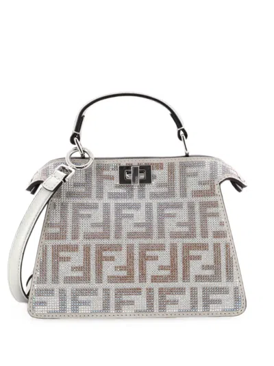 Pre-owned Fendi Peekaboo Iseeu Bag Zucca Crystal Embellished Suede Petite Satchel In Silver