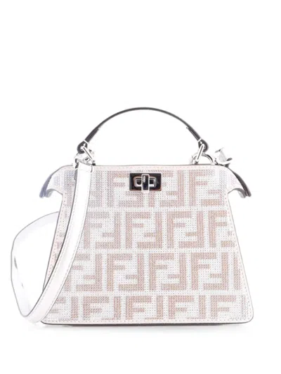 Pre-owned Fendi Peekaboo Iseeu Bag Zucca Crystal Embellished Suede Petite Satchel In Silver