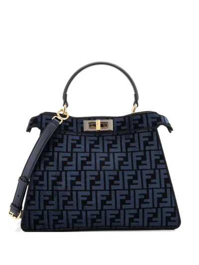 Pre-owned Fendi Peekaboo Iseeu Bag Zucca Tapestry Medium Satchel In Blue