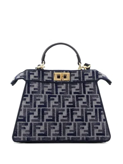 Pre-owned Fendi Peekaboo Iseeu Bag Zucca Velvet Jacquard Small Satchel In Blue