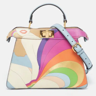Pre-owned Fendi Peekaboo Iseeu Girl Inlay Small Light Blue/multicolor Leather Top Handle Bag