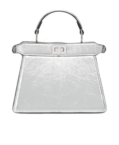 Fendi Silver Craquelé Leather Bag In White