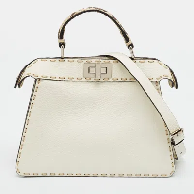 Pre-owned Fendi Peekaboo Iseeu Off White Small Selleria Leather Top Handle Bag