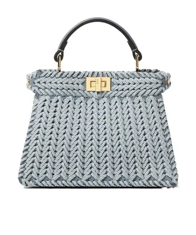 Fendi Peekaboo Iseeu Petite Blue Jacquard Interlaced Leather Bag