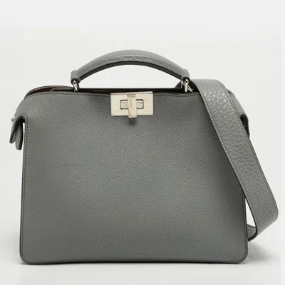 Pre-owned Fendi Peekaboo Iseeu Small Grey Leather Top Handle Bag In Gray