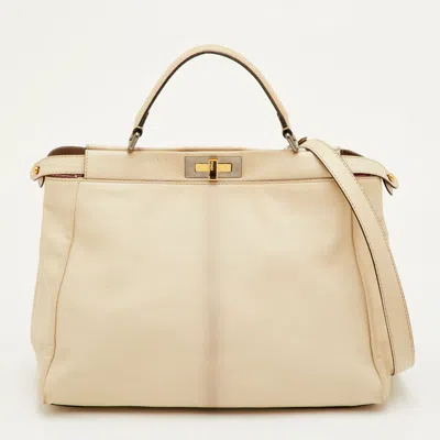 Pre-owned Fendi Peekaboo Large Cream Leather Top Handle Bag In White