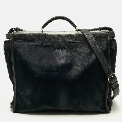 Pre-owned Fendi Peekaboo Large Navy Blue/black Calf Hair And Leather Briefcase