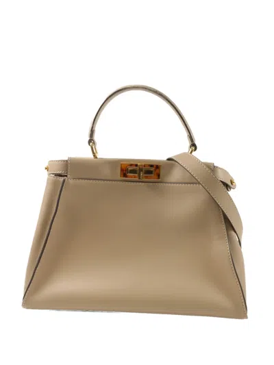 Pre-owned Fendi Peekaboo Leather Shoulder Bag In Neutral