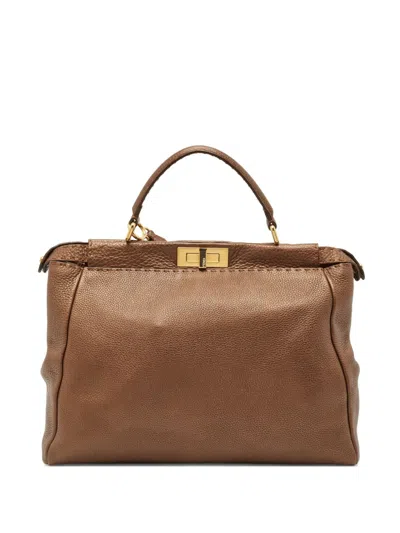 Pre-owned Fendi Peekaboo Leather Tote Bag In Brown