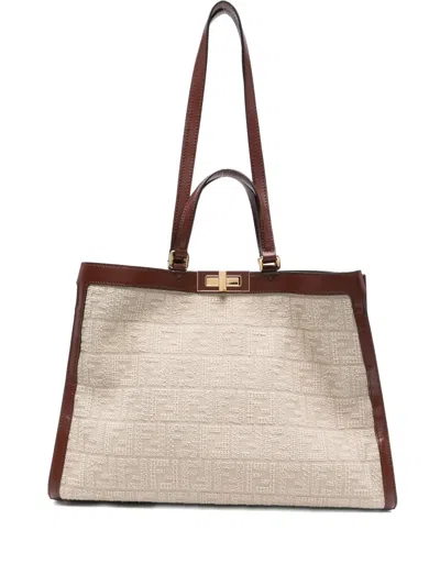 Pre-owned Fendi Peekaboo Logo Tote Bag In Neutral