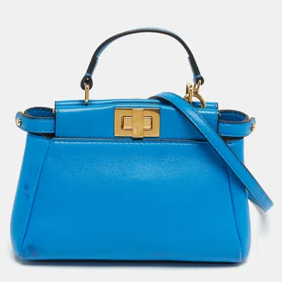 Pre-owned Fendi Peekaboo Micro Blue Leather Top Handle Bag