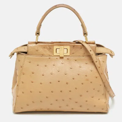 Pre-owned Fendi Peekaboo Mini Beige Ostrich Leather Top Handle Bag In Sand