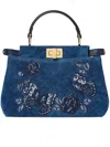 Fendi Peekaboo Mini Denim Crossbody Bag With Night Butterfly Embroidery In Blue