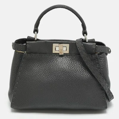 Pre-owned Fendi Peekaboo Mini Dark Grey Selleria Leather Top Handle Bag In Gray