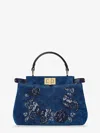 Fendi Peekaboo Mini Denim Crossbody Bag With Night Butterfly Embroidery In Blue