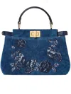 Fendi Peekaboo Mini Denim Crossbody Bag With Night Butterfly Embroidery In Blue