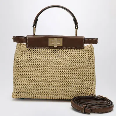Fendi Peekaboo Mini In Macrame Raffia And Brown Leather Women In Cream ...