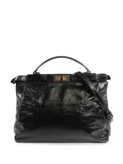 Fendi Peekaboo Patent Leather Handbag In Black