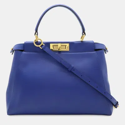 Pre-owned Fendi Peekaboo Regular Handbag/tote/shoulder Bag In Blue Leather