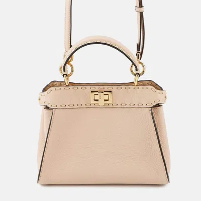 Pre-owned Fendi Peekaboo Selleria Jasmin Flower Leather Mini Handbag In Sand