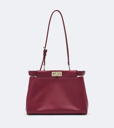 Fendi Peekaboo Small Leather Tote Bag In Burgundy