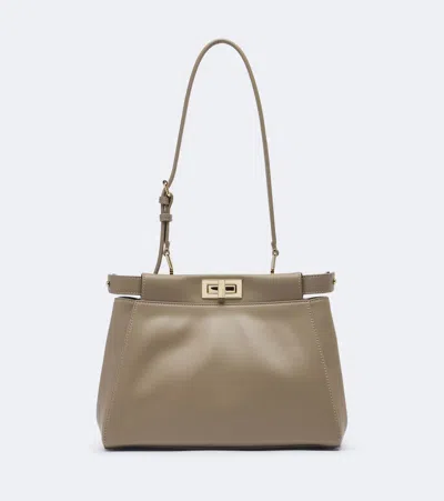Fendi Peekaboo Small Leather Tote Bag In Grey