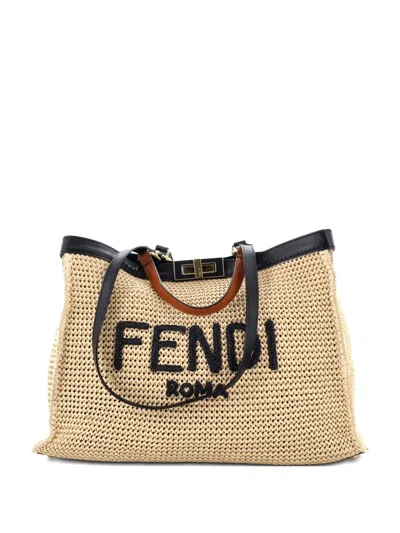 Pre-owned Fendi Peekaboo X- Raffia Medium Tote Bag In Neutral