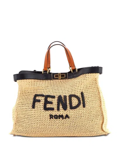 Pre-owned Fendi Peekaboo X- Raffia Medium Tote Bag In Neutral