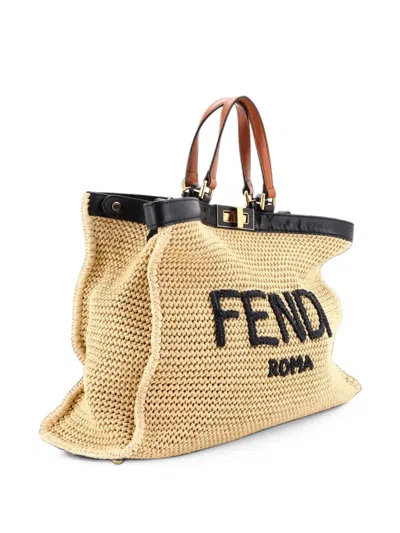 Pre-owned Fendi Peekaboo X- Raffia Medium Tote Bag In Black