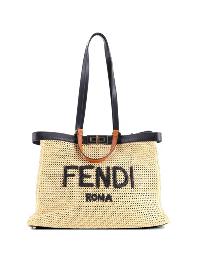 Pre-owned Fendi Peekaboo X- Raffia Medium Tote Bag In Neutral