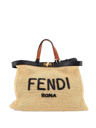 Pre-owned Fendi Peekaboo X- Raffia Medium Tote Bag In Neutrals