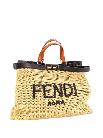 Pre-owned Fendi Peekaboo X- Raffia Medium Tote Bag In Neutrals
