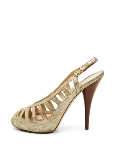 Pre-owned Fendi Peep-toe Embossed Platform Pumps In Gold