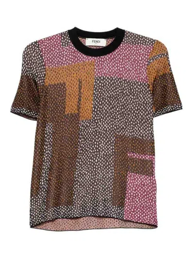 Fendi Geometric Motif Short Sleeve Knit Jumper In Multi